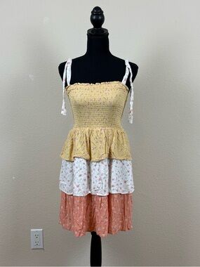American Eagle Smocked Sundress Yellow White Orange Boho Fun Whimsical